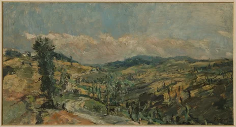 Paisagem com ciprestes (óleo sobre painel)
