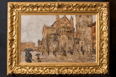 Piazza Grande in the Rain (óleo sobre contraplacado)