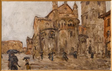 Piazza Grande na Chuva (óleo sobre madeira compensada)