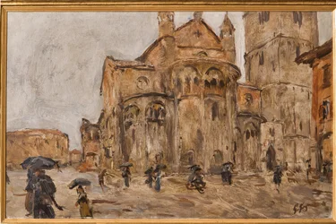 Piazza Grande in the Rain (óleo sobre contraplacado)