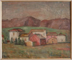 Aldeia no sopé das montanhas (óleo sobre tela)
