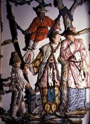 O detalhe do salão Chino (quarto chinês) que descreve figurines de um par chinês e que joga crianças, 1769 (porcelana) (veja igualmente 93237, 93239)