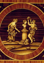 Ritual propiciatório no eremitério de Mercúrio, detalhe de cómoda em nogueira, bordo, madeira de caixa, oliveira, rosa e pau-rosa, de Giuseppe Maggiolini (1738-1814), Itália