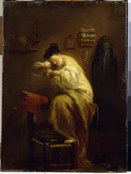 Mulher à procura de pulgas. (Mulher procurando por pulgas). Pintura de Giuseppe Maria Crespi (1665-1747), óleo sobre tela, por volta de 1710. Arte italiana (Bolonha)