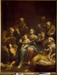 A Sagrada Família. A Virgem e a criança Cristo estão no centro do quadro, rodeados por José, Santa Isabel e São João Baptista, criança. Pintura de Giuseppe Maria Crespi, conhecida como Lo Spagnolo (1665-1747), óleo sobre tela, ca. 17