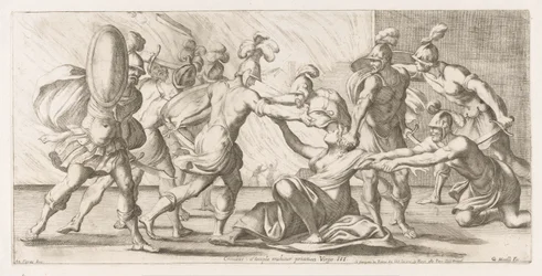 Os gregos arrastam Cassandra do templo
Crinibus : à templo trahitur priamea Virgo (título sobre o objecto)
A vagueação de Enéas (título da série)
L