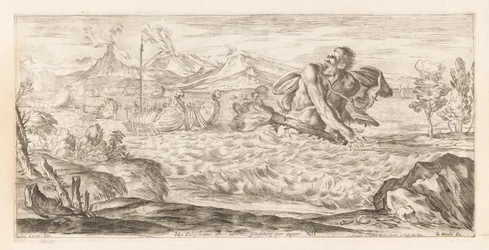 Polyphemus achtervolgt de vloot van Aeneas Aqui Polifemo está presente, horrível, caminhando pela planície (título no objeto) Omzwervingen van Aeneas (título da série) L