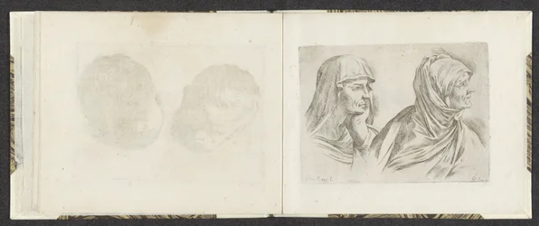 Dois bustos de mulheres idosas viradas para a direita
Exemplos de desenho (título da série)
Mitelli intaglio (título da série)