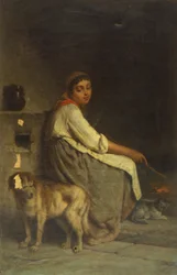 Mulher com cão e gato à lareira