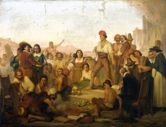a revolta do pescador napolitano Tommaso Aniello, conhecido como Masaniello (1622-1647) em Nápoles, em 1647. Pintura de Mazza. Museo della scienza di Milano