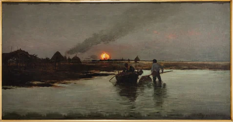 Pesca ao pôr do sol (óleo sobre tela)
