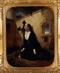 Lamentando a perda de um ente querido ou esposa do Coronel Manara no túmulo do marido, por Giuseppe Molteni (1800-1867), óleo sobre tela