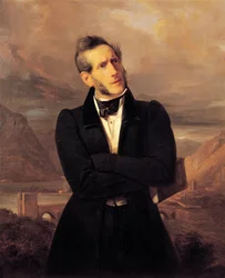 Retrato de Alessandro Manzoni com vistas de Lecco, pintura de Giuseppe Molteni (1800-1867), paisagem pintada por Massimo d