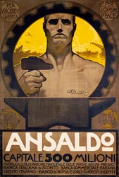 Trabalhador com martelo e bigorna, cartaz de Ansaldo de Génova para a subscrição de novas acções