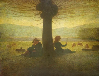 Um pastor e pastora descansando debaixo de uma árvore, c.1905