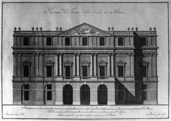 Desenho da arquitetura exterior da fachada do Teatro alla Scala de Milão realizado por Giuseppe Piermarini (1734-1808).