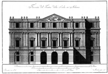 Desenho da arquitetura exterior da fachada do Teatro alla Scala em Milão, realizado por Giuseppe Piermarini (1734-1808).