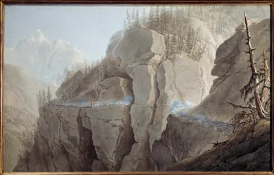 Primeira campanha italiana (1796-1797): "Os franceses do exército de Napoleão Bonaparte (1769-1821) forçam o inimigo a abandonar o despojo fortificado de La Clusse (Cluse) no Vale de Aosta em 21/05/1800" Watercolour de Giuseppe Pietro Bagetti (1764-1831) S
