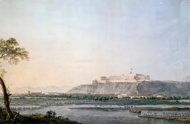 O exército francês cruza Scrivia, pintura de Giuseppe Pietro Bagetti (1764-1831), guerras napoleônicas, Itália