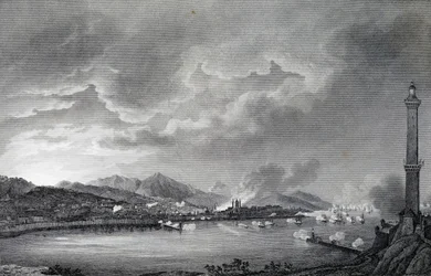 Génova sendo bombardeada pela frota inglesa, 25 de Maio de 1800, gravura em aço de desenho de Giuseppe Pietro Bagetti (1764-1831), Paris