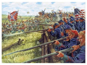 Guerra Civil Americana: batalha entre os cinzentos (à esquerda, soldados da Confederação) e os azuis (soldados da União) e os azuis (soldados da União) - Ilustração de Giuseppe Rava