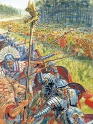 Roma Antiga: Exército romano na Dácia na época do imperador Trajano, por volta de 105 d.C. - Roma Antiga: O exército romano de Trajano contra os Dacianos - Ilustração de Giuseppe Rava