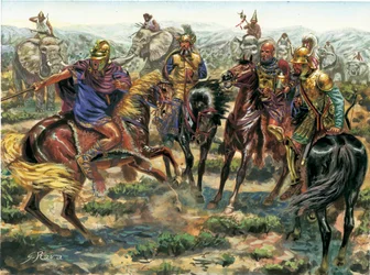Roma Antiga: revolta de Amsicora (Hampsicora ou ampsicora) (século III a.C.) Cartaginês latifundista contra o poder romano em 215 a.C. - Roma Antiga: Rebelião de Ampsicora contra Roma em 215 a.C. - Ilustração de Giuseppe Rava