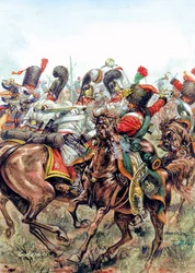Batalha de Austerlitz em 2/12/1805, batalha entre os soldados do Grande Exército e os russos e austríacos - Batalha de Austerlitz, 2 de dezembro de 1805, entre o exército de Napoleão I contra os exércitos russo e austríaco - Ilustração de Giuseppe Rava