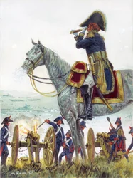 Primeiro Império: "General Michel Marie Claparede na batalha de Austerlitz em 1805" Primeiro Império: general francês Michel Marie Claparede durante a batalha de Austerlitz em 1805 - Ilustração de Giuseppe Rava