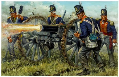 Primeiro Império: a Artilharia Real a Pé durante a Batalha de Waterloo, em 18 de junho de 1815 - Ilustração de Giuseppe Rava