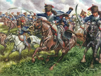 Primeiro Império: a investida do 15º regimento de dragões ingleses na Batalha de Waterloo em 18/06/1815 - Primeiro Império: investida do 15º regimento de dragões ingleses em Waterloo em 18 de junho de 1815 - Ilustração de Giuseppe Rava