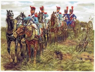 Primeiro império: artilharia do Grande Exército em movimento - Ilustração de Giuseppe Rava