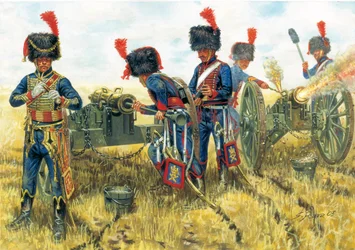 Primeiro império: soldados da artilharia da Guarda Imperial de Napoleão I na Batalha de Waterloo 18/06/1815 - Primeiro império: soldados da Artilharia a cavalo da Guarda Imperial de Napoleão I em Waterloo a 18 de junho de 1815 - Ilustração de Giuseppe Rava