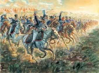 Primeiro império: a carga dos hussardos prussianos por volta de 1810 - Primeiro império: hussardos prussianos em carga - Ilustração de Giuseppe Rava