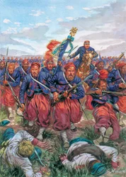 Campanha de Itália de 1859 (Segunda Guerra de Independência Italiana): a carga dos Zouaves da Armada Francesa de Napoleão III durante a Batalha de Solferino em 24/06/1859 - Segunda Guerra de Independência Italiana (Guerra Franco-Austríaca, Guerra Austro-Sa
