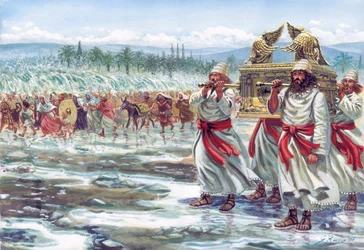 Josué, transportando a Arca da Aliança, atravessa o rio Jordão com o povo judeu - Ilustração de Giuseppe Rava