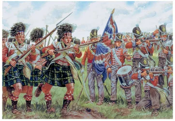 Guerras Napoleónicas: soldados escoceses e britânicos na Batalha de Waterloo, em 18 de junho de 1815 Ilustração de Giuseppe Rava