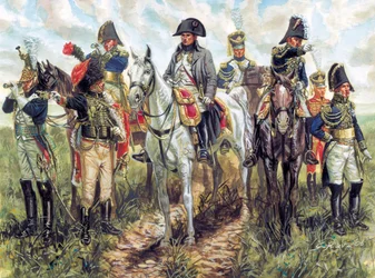 Retrato de Napoleão I (1769-1821) e do seu estado-maior - Retrato do imperador francês Napoleão I e do seu estado-maior - Ilustração de Giuseppe Rava