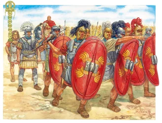 Antiguidade romana (República): um grupo de legionários romanos - República romana: legionários romanos - Ilustração de Giuseppe Rava