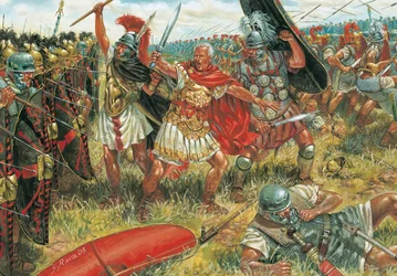 Antiguidade romana: Júlio César (100-44 a.C.) vence a Batalha de Munda em 17 de março de 45 a.C., no sul de Espanha, contra os apoiantes da República - Ilustração
