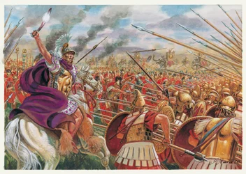 Antiguidade romana: a batalha de Ausculum (279 a.C.) entre o exército romano liderado por Publius Decius Mus e as tropas aliadas do Épiro, Taranto, Oscos e Samnitas, sob o comando do rei do Épiro Pirro I - Batalha de Asculum (279 a.C.) entre os Romanos
