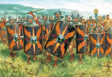 Antiguidade romana (império): um grupo de legionários romanos - Império romano: legionários - Ilustração de Giuseppe Rava