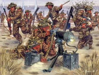 Segunda Guerra Mundial: Desembarque na Normandia em junho de 1944, soldados ingleses - WWII: Desembarque na Normandia, as tropas britânicas, 6 de junho de 1944 - Ilustração de Giuseppe Rava