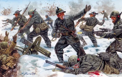 Segunda Guerra Mundial, Frente Russa: Caçadores alpinos italianos na Rússia em janeiro de 1943 - Segunda Guerra Mundial, frente russa: os alpinos italianos na Rússia, janeiro de 1943 - Ilustração de Giuseppe Rava