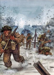 Segunda Guerra Mundial: Soldados escoceses durante o desembarque na Normandia, 6/06/1944 - Segunda Guerra Mundial, Dia D: Soldados escoceses no dia do desembarque na Normandia, 6 de junho de 1944 - Ilustração de Giuseppe Rava