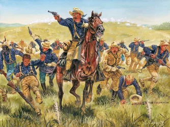 Guerra Hispano-Americana ou Guerra da Independência Cubana (1868-1898) entre a Espanha e a América do Norte: retrato do soldado e político americano Theodore Roosevelt (1858-1919) a atacar com os Rough Riders em Cuba - Guerra Hispano-Americana (Guerra da