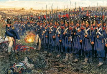 Ataque da Guarda Média contra o centro de Wellington na batalha de Waterloo, a 18 de junho de 1815 "A Guarda Imperial de Napoleão I (1769-1821) marchando sobre as tropas do Duque de Wellington na batalha de Waterloo