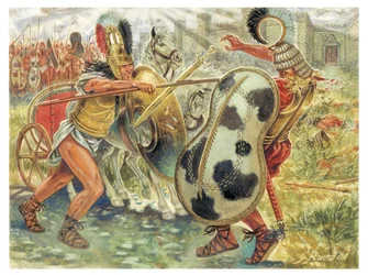 Guerra de Troia: Aquiles luta contra Heitor para vingar a morte de Pátroclo - Ilustração de Giuseppe Rava