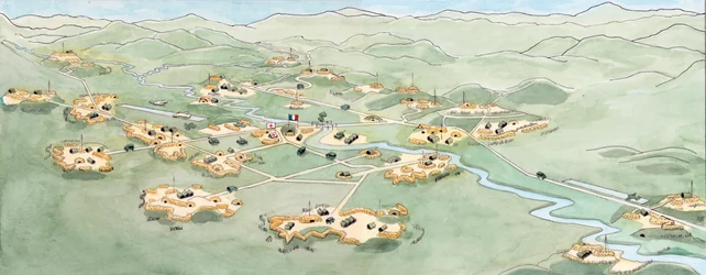 Guerra da Indochina: Plano da Batalha de Dien Bien Phu (Dien-Bien-Phu) que opõe o exército francês ao do Vietname de novembro de 1953 a maio de 1954 - Primeira Guerra da Indochina: mapa da Batalha de Dien Bien Phu entre a Expedição Francesa ao Extremo Orie