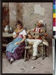 Pintura de Cena de Taverna de Giuseppe Sartori (1863-1922) Menção obrigatória: Colecção de saudações de fundação da Provença, Marselha